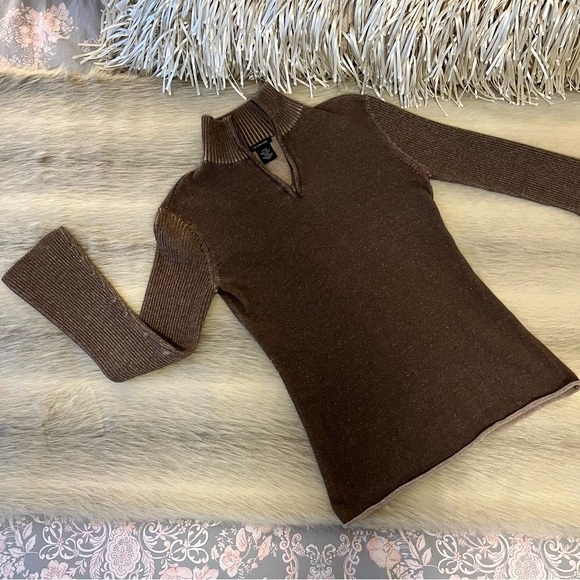 CALVIN KLEIN Jeans Brown Distressed S Long Bell Sleeves 1/2 Zip Ribbed Loose Fit - Picture 1 of 10